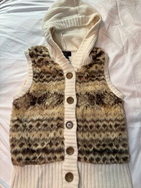 It's Our Time Cream Hooded Vest with Faux Fur Leopard Print Front